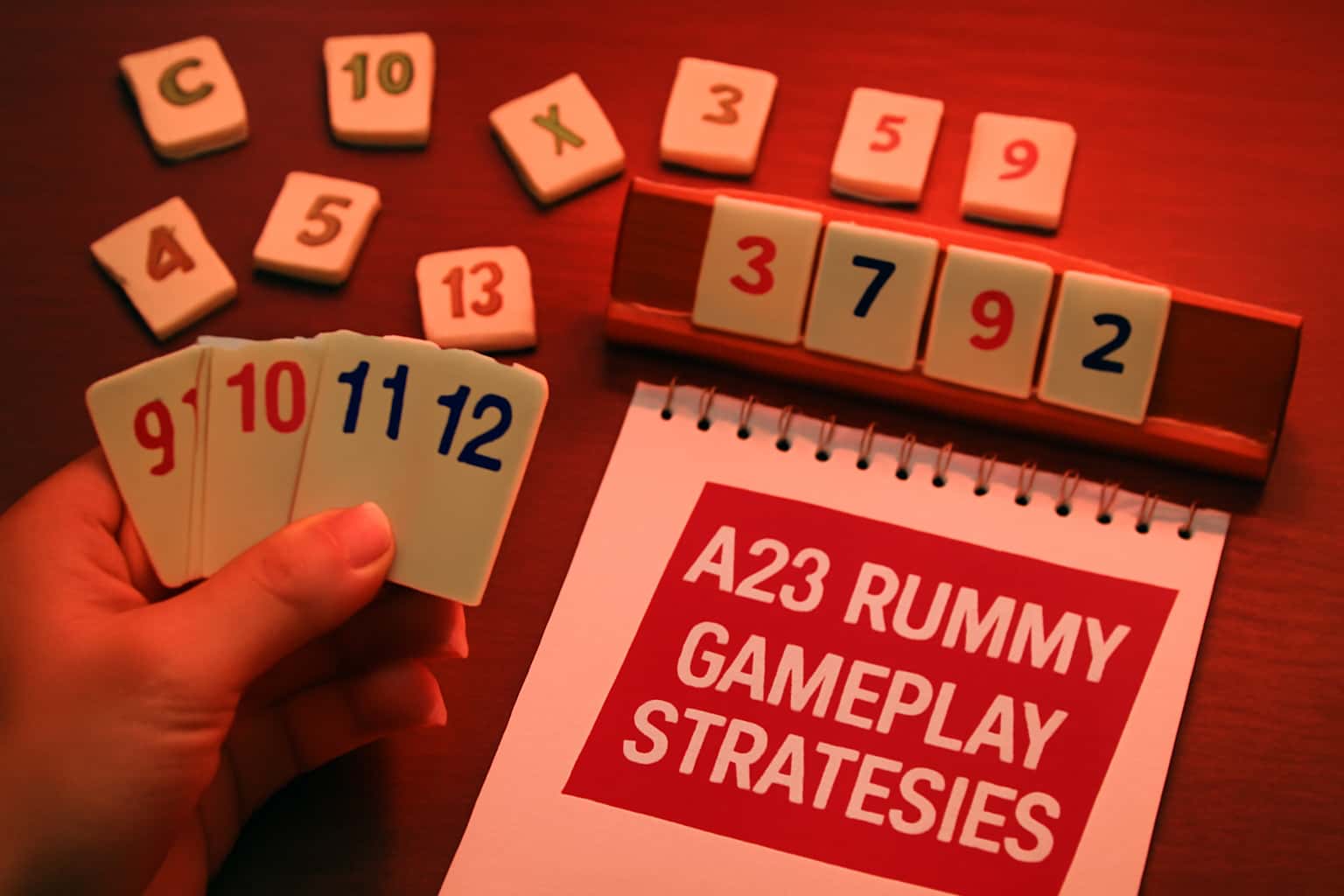 Informative scene depicting strategies for playing A23 Rummy.